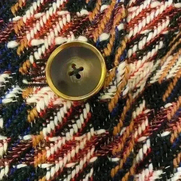 Cabi Regency oversized coat rust navy plaid fringe trim brass look buttons - Picture 3 of 9